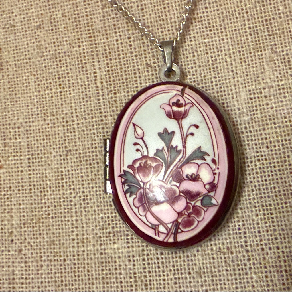 Michaela Frey Locket Sp Vintage Art Nouveau Enamel Floral Chain Sterling Silver